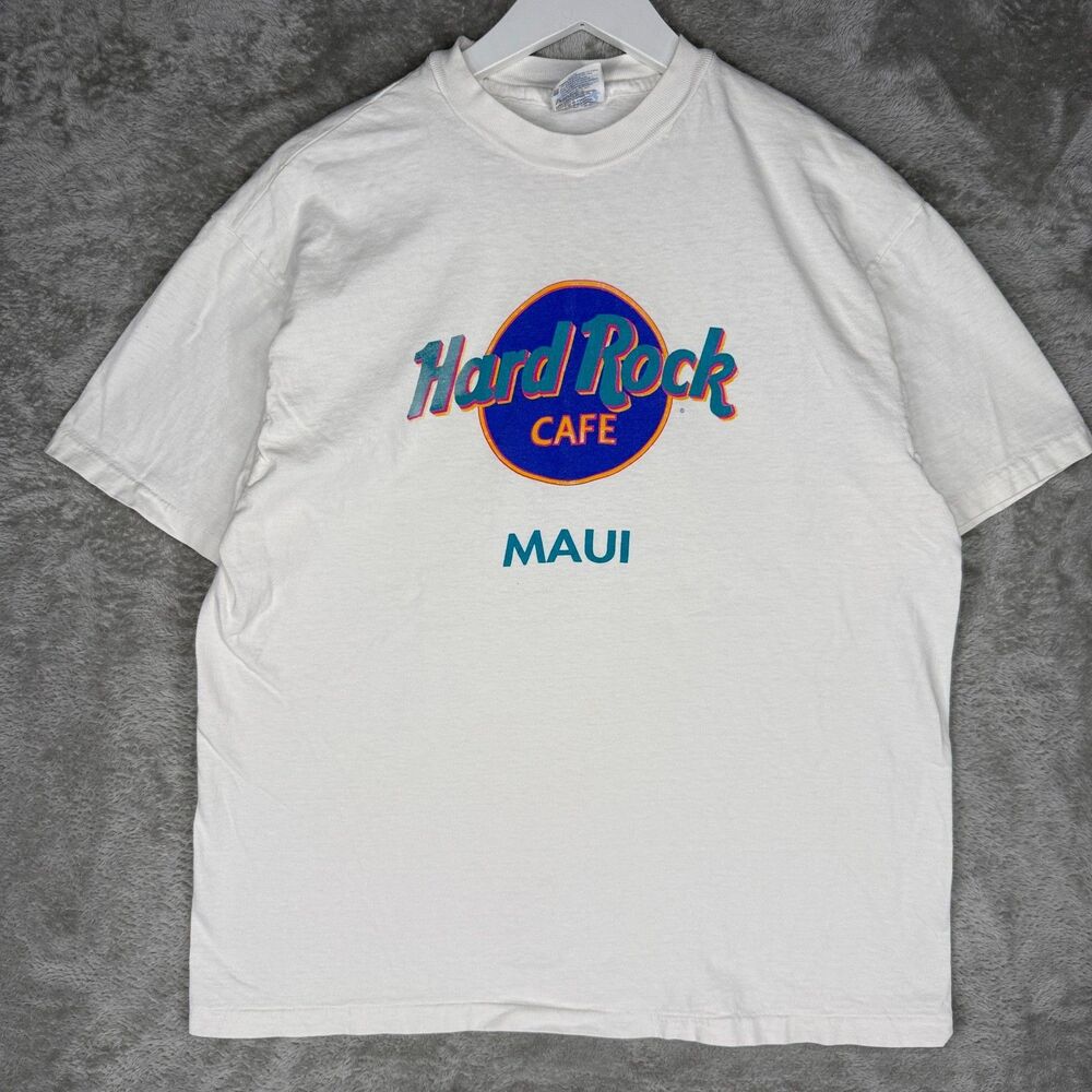Vintage 90s Hard Rock Cafe Maui T-Shirt Mens Large Graphic White Hawaii Beefy-T